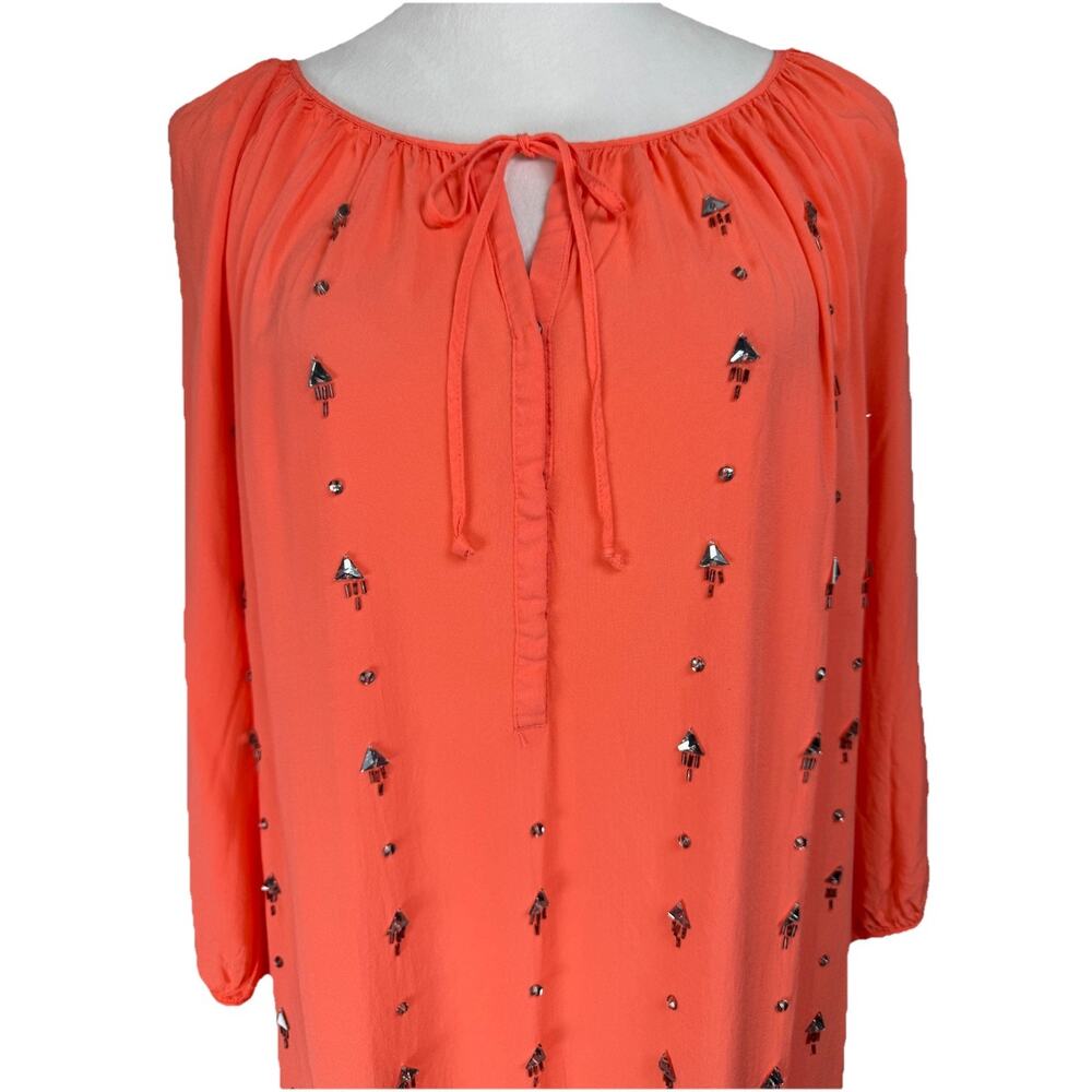 JCP Women’s Top Tunic L Coral Rhinestones 3/4 Sleeves Lightweight Flowy Beach
